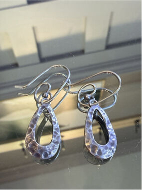 Mexico Sterling Silver Hammered Hoop Earrings 925 Mexico Large Teardrop